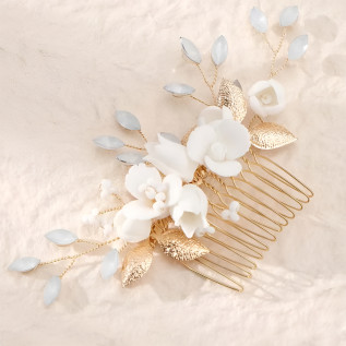 Bridal hair comb DAHLIA, crystals, porcelain flowers, leaves, pearls