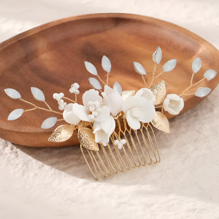 Bridal hair comb DAHLIA, crystals, porcelain flowers, leaves, pearls
