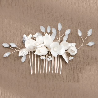 Bridal hair comb DAHLIA, crystals, porcelain flowers, leaves, pearls