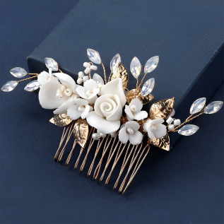 Bridal hair comb DAHLIA, crystals, porcelain flowers, leaves, pearls