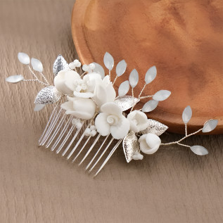 Bridal hair comb DAHLIA, crystals, porcelain flowers, leaves, pearls