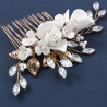 Bridal hair comb DAHLIA, crystals, porcelain flowers, leaves, pearls