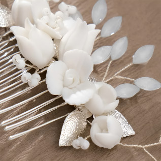 Bridal hair comb DAHLIA, crystals, porcelain flowers, leaves, pearls