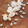 Bridal hair comb DAHLIA, crystals, porcelain flowers, leaves, pearls