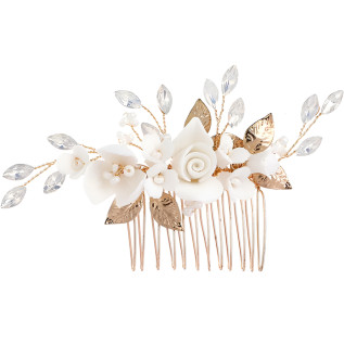 Bridal hair comb DAHLIA, crystals, porcelain flowers, leaves, pearls