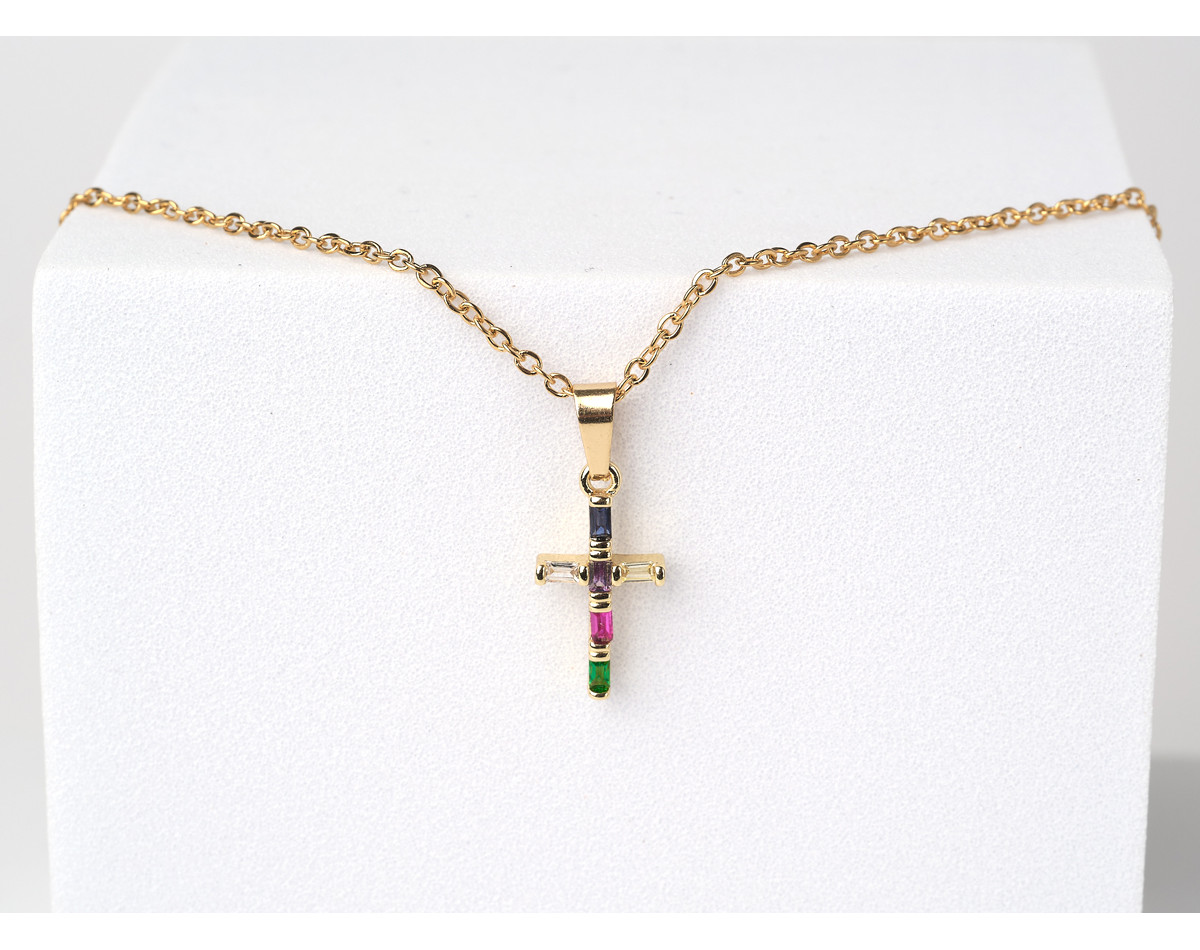 Christian five colours cubic zirconia cross pendant necklace gold stainless steel religeous christian necklace