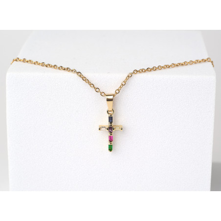 Christian five colours cubic zirconia cross pendant necklace gold stainless steel religeous christian necklace