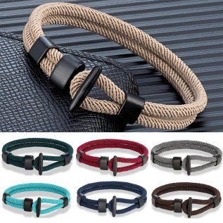 Double-row nautical rope and black hook fastener men bracelet