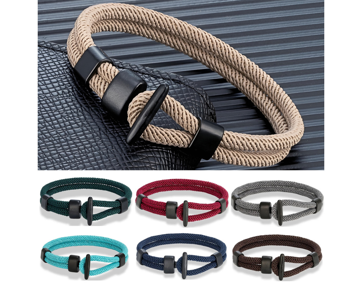 Double-row nautical rope and black hook fastener men bracelet