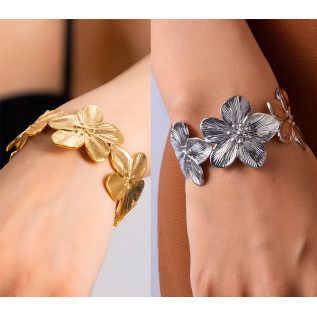 Wide cuff flower bracelet in silver gold stainless steel woman gift