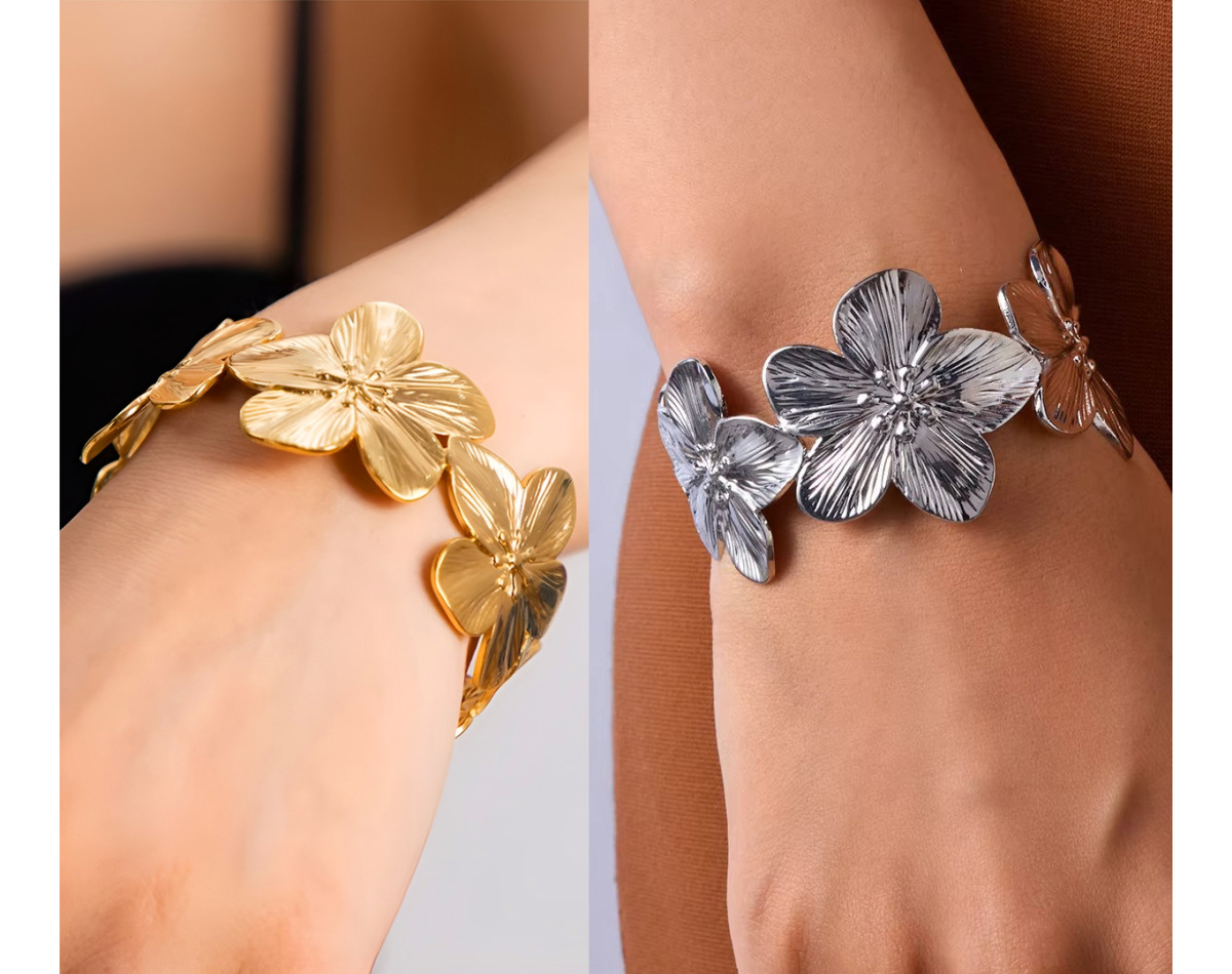 Wide cuff flower bracelet in silver gold stainless steel woman gift