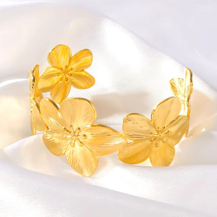 Wide cuff flower bracelet in silver gold stainless steel woman gift