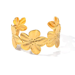 Wide cuff flower bracelet in silver gold stainless steel woman gift