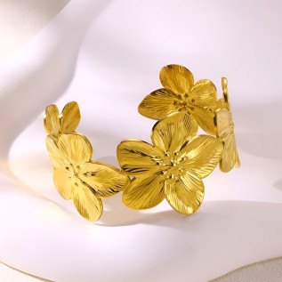 Wide cuff flower bracelet in silver gold stainless steel woman gift