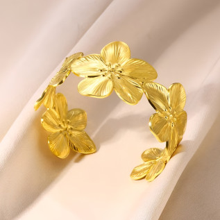Wide cuff flower bracelet in silver gold stainless steel woman gift