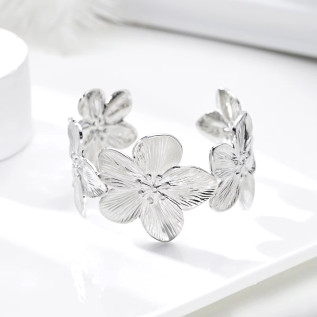 Wide cuff flower bracelet in silver gold stainless steel woman gift