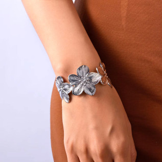 Wide cuff flower bracelet in silver gold stainless steel woman gift