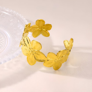 Wide cuff flower bracelet in silver gold stainless steel woman gift