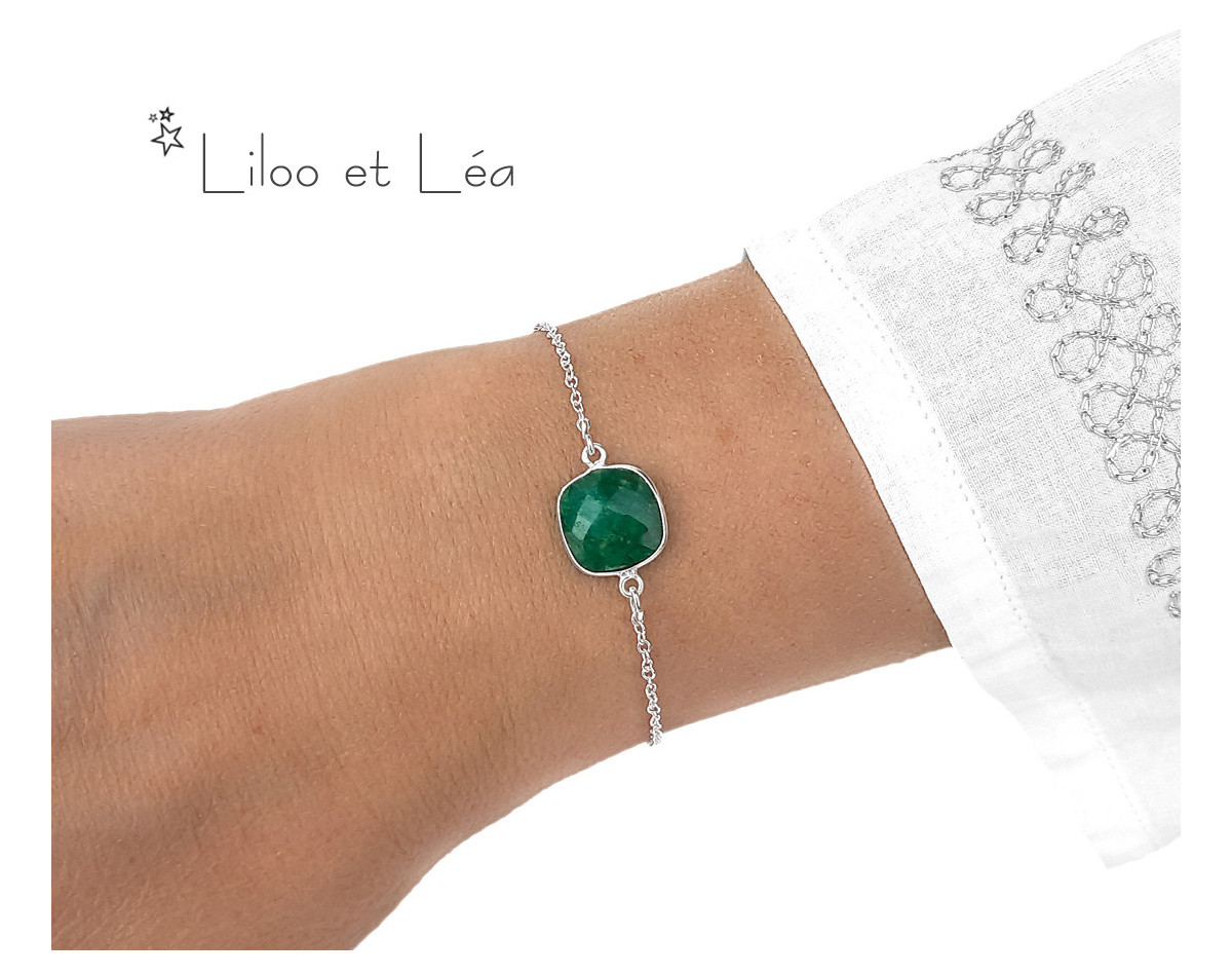 Bracelet pierre naturelle carrée sillimanite vert émeraude, argent 925, or gold filled 14K
