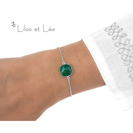 Bracelet pierre naturelle carrée sillimanite vert émeraude, argent 925, or gold filled 14K