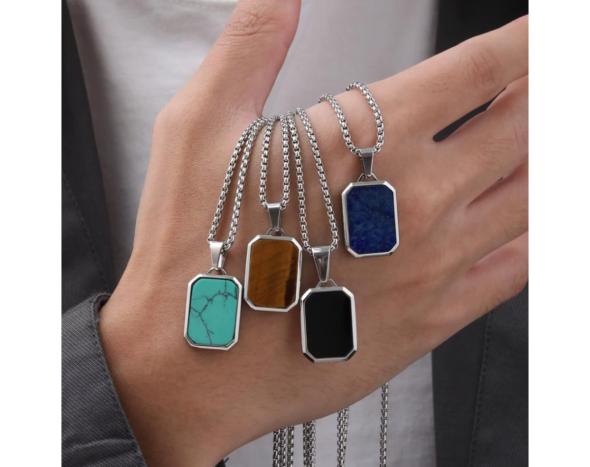 Natural stone rectangular pendant necklace for men silver stainless steel box chain man gift