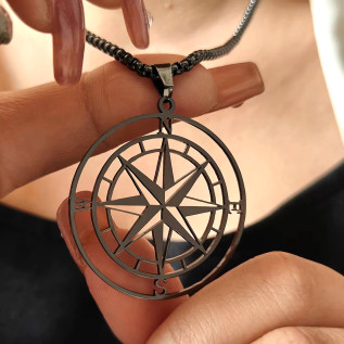 Hollow black silver gold compass large pendant necklace for men black stainless steel box chain man gift