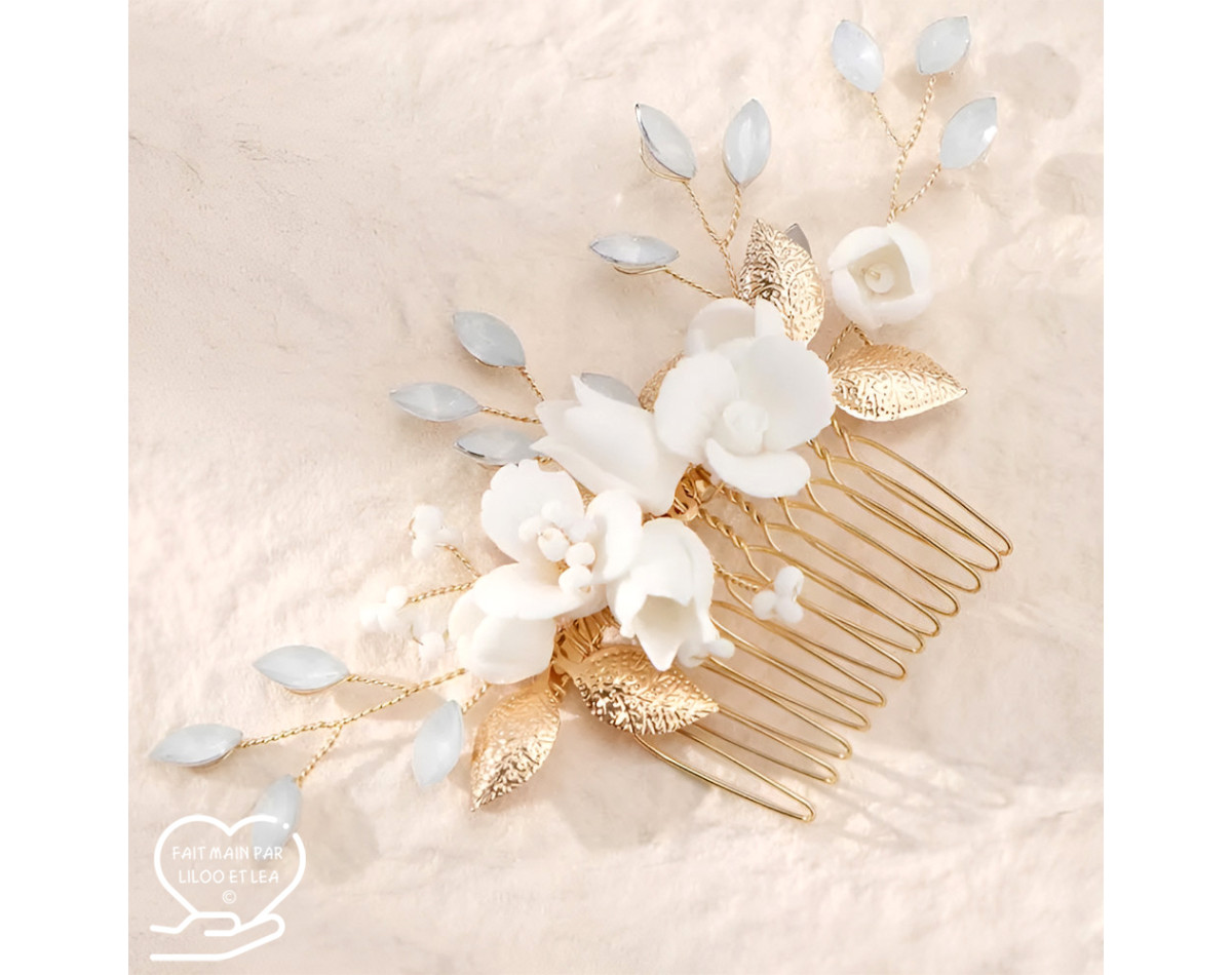 Bridal hair comb DAHLIA, crystals, porcelain flowers, leaves, pearls