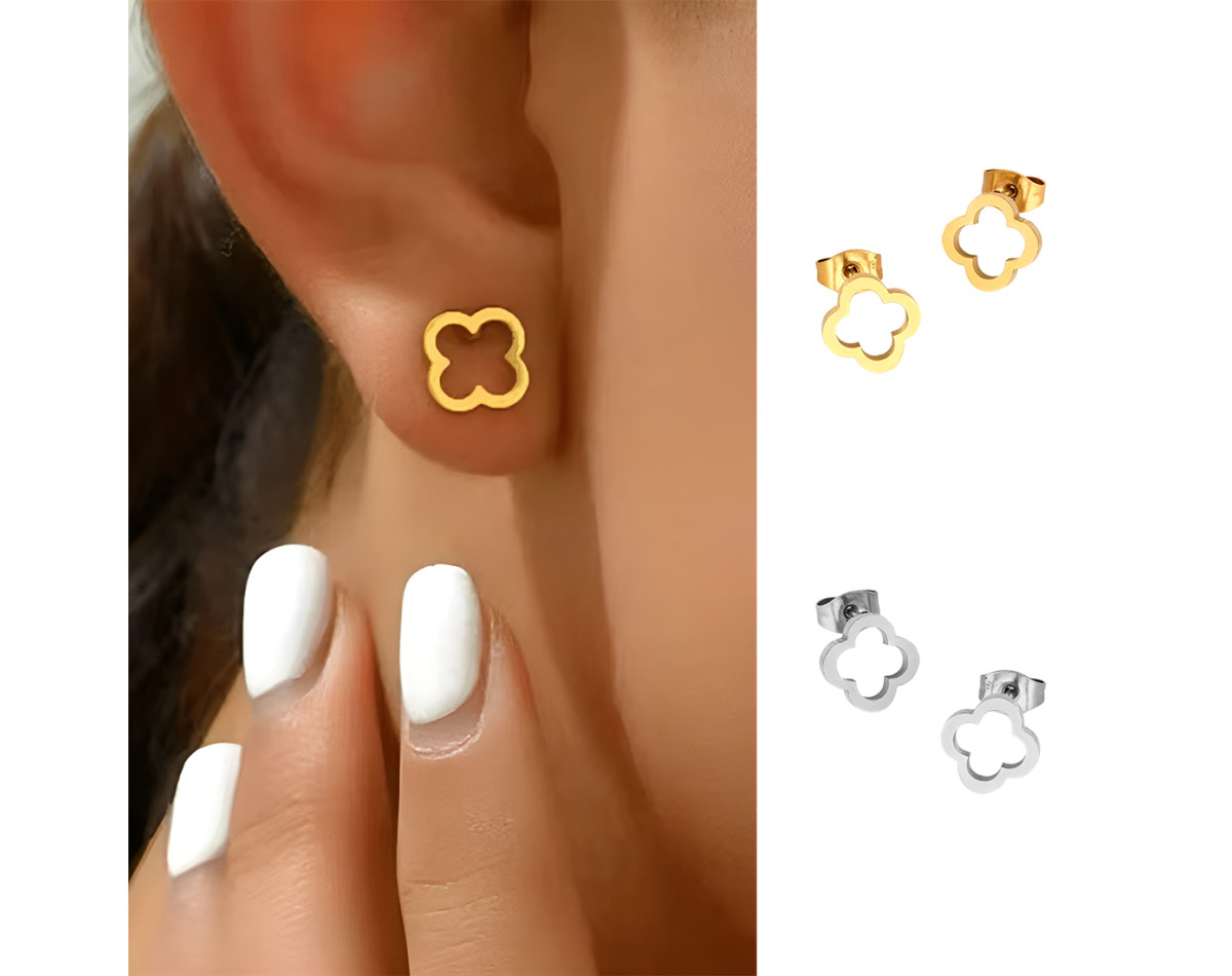 Boucles d'oreilles trèfles creux acier inoxydable argent or vendues par paire