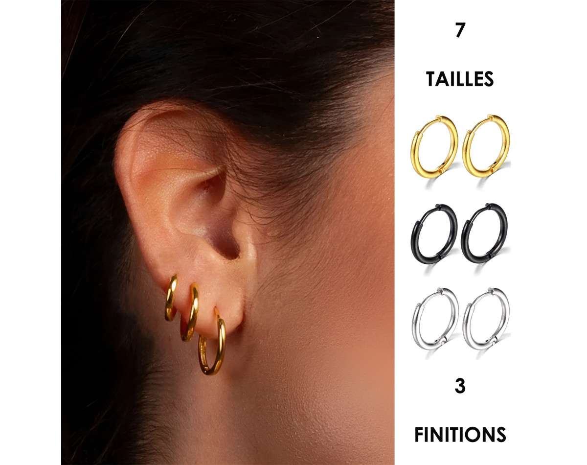 Boucles d'oreilles créoles toutes tailles acier inoxydable argent or noir vendues par paire