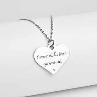 Collier cœur collection Message d’Amour 1 acier inoxydable argent or oxyde de zirconium gravure laser