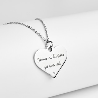 Collier cœur collection Message d’Amour 1 acier inoxydable argent or oxyde de zirconium gravure laser