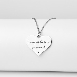 Collier cœur collection Message d’Amour 1 acier inoxydable argent or oxyde de zirconium gravure laser