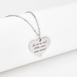 Collier cœur collection Message d’Amour 3 acier inoxydable argent or oxyde de zirconium gravure laser