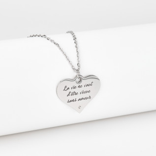 Collier cœur collection Message d’Amour 3 acier inoxydable argent or oxyde de zirconium gravure laser