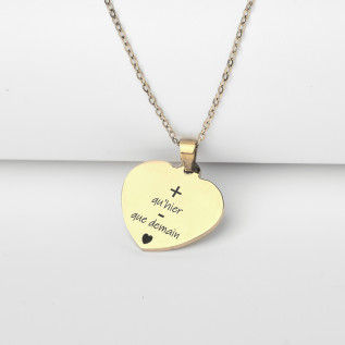 Collier cœur collection Message d’Amour + qu'hier - que demain 1 acier inoxydable argent or gravure laser