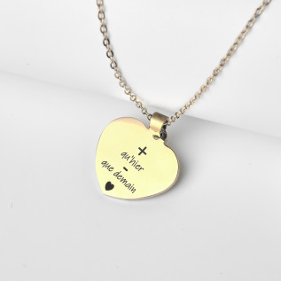 Collier cœur collection Message d’Amour + qu'hier - que demain 1 acier inoxydable argent or gravure laser