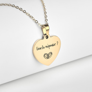 Collier cœur collection Message d’Amour + qu'hier - que demain 1 acier inoxydable argent or gravure laser