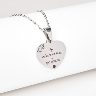 Collier cœur collection Message d’Amour + qu'hier - que demain 2 acier inoxydable argent or gravure laser