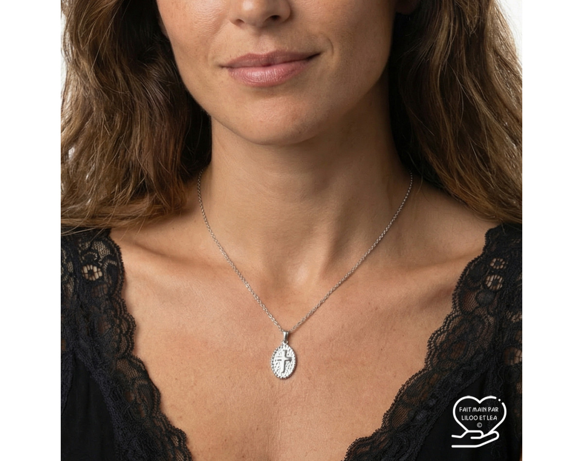 Cross medal necklace on silver or gold stainless steel religeous christian necklace