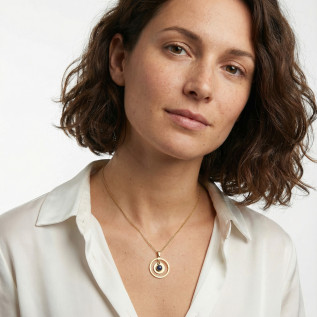 Collier pendentif cercle creux médaille et pierre naturelle amazonite sur acier inoxydable argent or