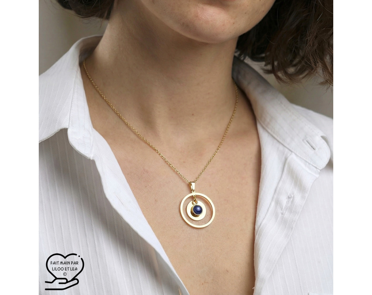 Hollow circle coin and lapis lazuli natural stone pendant necklace on silver or gold stainless steel chain