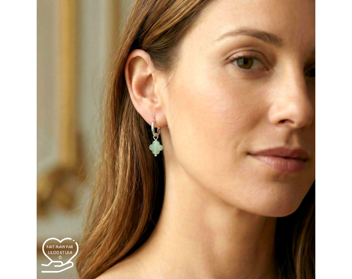 Natural stone clover hoop creole earrings stainless steel silver gold sold by pair