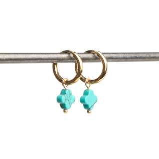 Boucles d'oreilles créoles et trèfles en pierre naturelle d'howlite turquoise acier inoxydable or argent vendues par paire