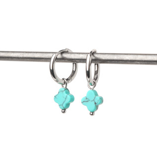 Turquoise howlite natural stone clover hoop creole earrings stainless steel silver gold sold by pair