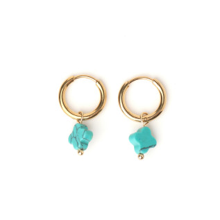 Turquoise howlite natural stone clover hoop creole earrings stainless steel silver gold sold by pair