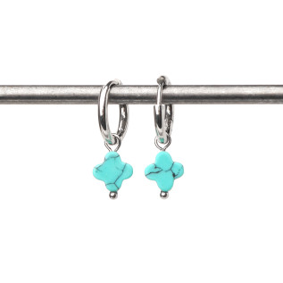 Boucles d'oreilles créoles et trèfles en pierre naturelle d'howlite turquoise acier inoxydable or argent vendues par paire