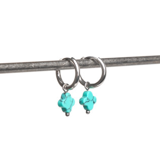 Turquoise howlite natural stone clover hoop creole earrings stainless steel silver gold sold by pair
