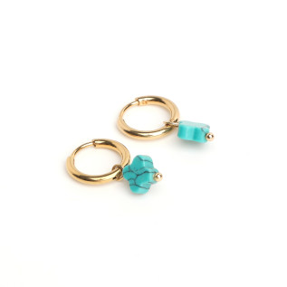 Boucles d'oreilles créoles et trèfles en pierre naturelle d'howlite turquoise acier inoxydable or argent vendues par paire