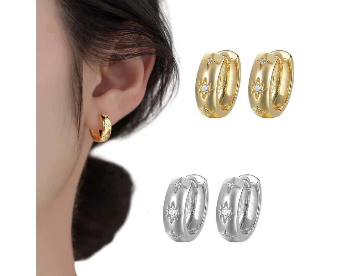 Boucles d'oreilles créoles et oxydes de zirconium acier inoxydable argent or vendues par paire