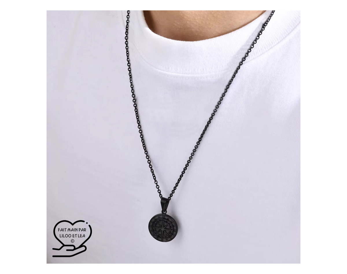 Black compass pendant necklace for men black stainless steel cable or box chain man gift